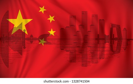 Flag of China with Beijing skyline - vector illustration