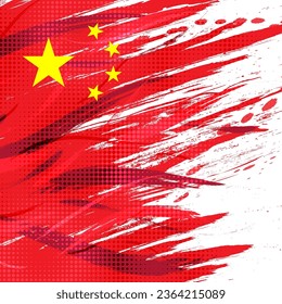 Flag of China with Brush Paint Style and Halftone Effect. China National  in Grunge Brush Stroke Concept Isolated on White Background 
