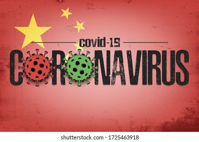 Flag of China with coronavirus covid-19. Virus cells coronavirus bacteriums against background of the flag of China. Coronavirus outbreak in China. Mode quarantine. Vector illustration