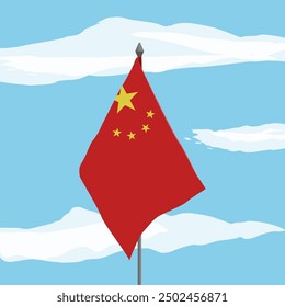 The flag of China, flying on a flagpole against the blue cloudy sky.