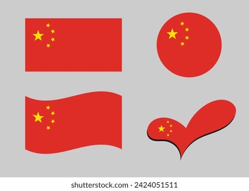 Flag of China. China flag in heart shape. China flag in circle shape. Country flag variations