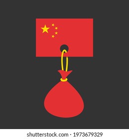 Flag of China with heavy burden - metaphor of chinese state, country, nation and debt, being indebted, liability. Concept of Government, national, public and sovereign debt. Vector illustration.