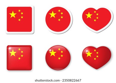 Flag of China icons collection. Flat stickers and 3d realistic glass vector elements on white background with shadow underneath.