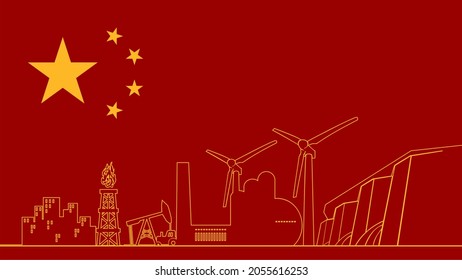 Flag of China and industrial thin line icons
