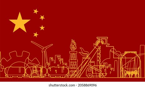 Flag of China and industrial thin line icons