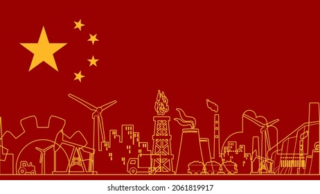 Flag of China and industrial thin line icons