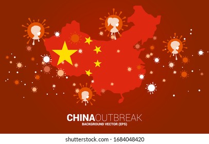 Flag in China map with covid 19 virus shape and particle of Corona virus background. Concept for China outbreak and pandemic.