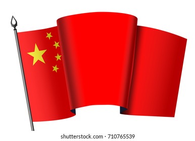 Flag of China on flagstaff. Vector image. Waving ang 3d object.