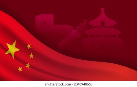 Flag of China on red background vector illustration. Flag with China landmark