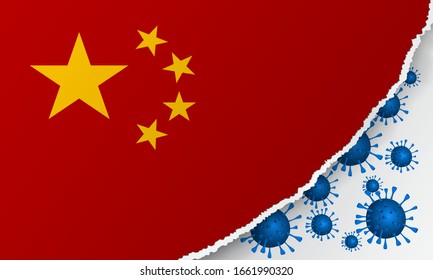 Flag of China with outbreak deadly coronavirus covid-19. Banner with China flag with the spread of Coronavirus 2019-nCoV virus strain. Concept of coronavirus quarantine. Coronavirus outbreak in China.