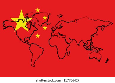 The flag of China with the outline of the world