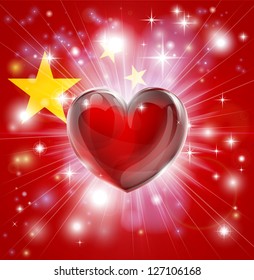Flag of China patriotic background with pyrotechnic or light burst and love heart in the centre