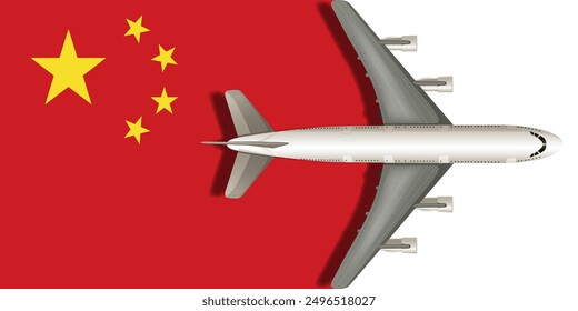 Flag of China with a plane flying over it close up. Vector image.