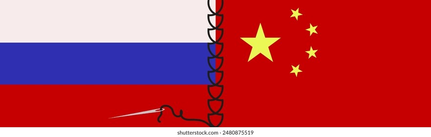 La bandera de China y Rusia cosida con hilo. Cooperación entre RCP y Rusia concepto. Ilustración vectorial. Trazo editable. EPS 10