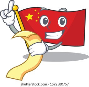 Flag china Scroll cartoon character holding menu ready to serve
