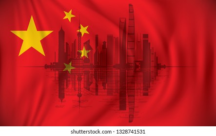 Flag of China with Shanghai skyline - vector illustration - Shutterstock ID 1328741531