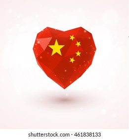 Flag of China in shape of diamond glass heart in triangulation style for info graphics, greeting card, celebration of Independence Day, printed materials 