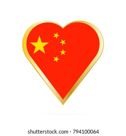 Flag of China in the shape of Heart, symbol of Love Gold version.