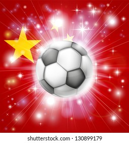 Flag of China soccer background with pyrotechnic or light burst and soccer football ball in the centre
