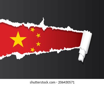Flag of China under ripped paper vector illustration.
