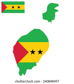 Flag and coat of arms of the Democratic Republic of Sao Tome and Principe overlaid on detailed outline map isolated on white background island position not to scale 