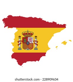 Flag with coat of arms of the Kingdom of Spain overlaid on outline map isolated on white background 