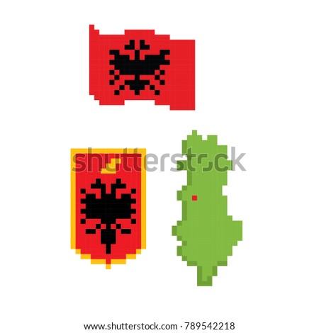 Flag, coat of arms and map of Albania. Pixel art. Old school computer graphic style. 8 bit video game. game element.