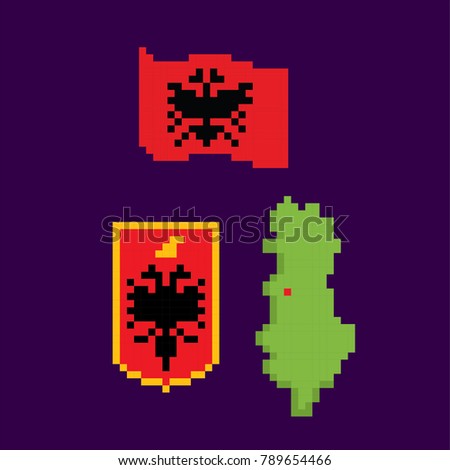 Flag, coat of arms and map of Albania. Pixel art. Old school computer graphic style. 8 bit video game. game element.