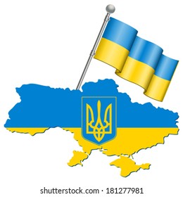 Flag, Coat of Arms and Map Ukraine, vector isolated on white background