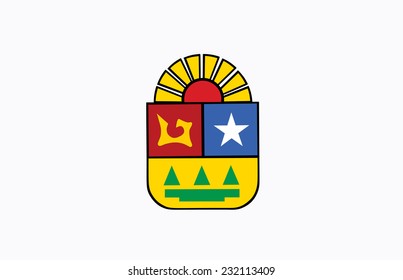 Flag and Coat of arms of Mexican state of Quintana Roo; isolated on white background. Vector design. Original and simple Guintana Roo flag isolated vector in official colors and Proportion Correctly  