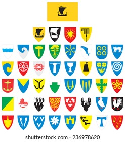 Flag and coat of arms of Nordland county in Norway.