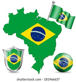 Flag, Coat of Arms, Soccer Ball and Map Brazil vector isolated on white background