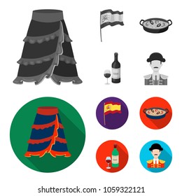 Flag with the coat of arms of Spain, a national dish with rice and tomatoes, a bottle of wine with a glass, a bullfighter, a matador. Spain country set collection icons in monochrome,flat style vector