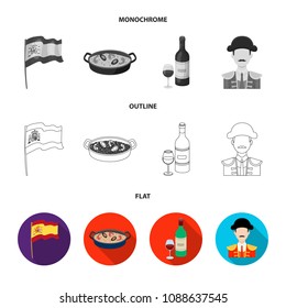 Flag with the coat of arms of Spain, a national dish with rice and tomatoes, a bottle of wine with a glass, a bullfighter, a matador. Spain country set collection icons in flat,outline,monochrome