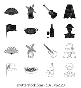 Flag with the coat of arms of Spain, a national dish with rice and tomatoes, a bottle of wine with a glass, a bullfighter, a matador. Spain country set collection icons in black,outline style vector