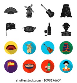 Flag with the coat of arms of Spain, a national dish with rice and tomatoes, a bottle of wine with a glass, a bullfighter, a matador. Spain country set collection icons in black,flet style vector