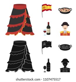 Flag with the coat of arms of Spain, a national dish with rice and tomatoes, a bottle of wine with a glass, a bullfighter, a matador. Spain country set collection icons in cartoon,black style vector