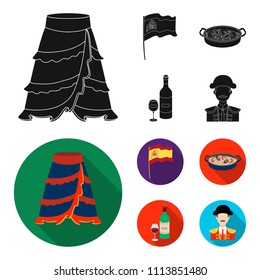 Flag with the coat of arms of Spain, a national dish with rice and tomatoes, a bottle of wine with a glass, a bullfighter, a matador. Spain country set collection icons in black, flat style vector