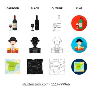 Flag with the coat of arms of Spain, a national dish with rice and tomatoes, a bottle of wine with a glass, a bullfighter, a matador. Spain country set collection icons in cartoon,black,outline,flat