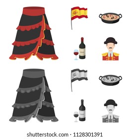 Flag with the coat of arms of Spain, a national dish with rice and tomatoes, a bottle of wine with a glass, a bullfighter, a matador. Spain country set collection icons in cartoon,monochrome style