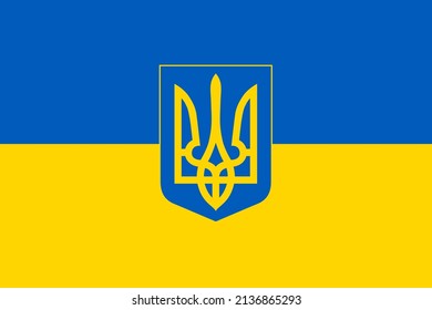 Flag and coat of arms of Ukraine. Blue and yellow flag of Ukraine with coat of arms in form of the Ukrainian trident. Vector illustration.