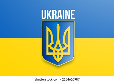 flag and coat of arms of Ukraine. Realistic 3d Ukrainian illustration with the flag of Ukraine isolated on a white background. Pray and Support for Ukraine banner.