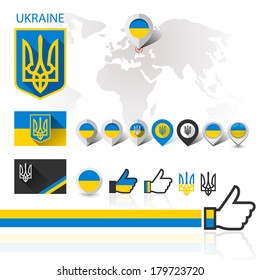 Flag and coat of arms Ukraine with World map, vector illustration 10eps