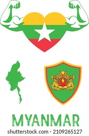 Flag And Coat And Map Of Myanmar