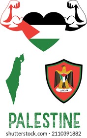 Flag And Coat And Map Of Palestine