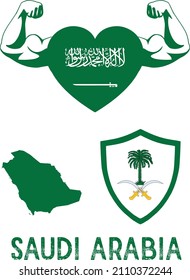Flag And Coat And Map Of Saudi Arabia