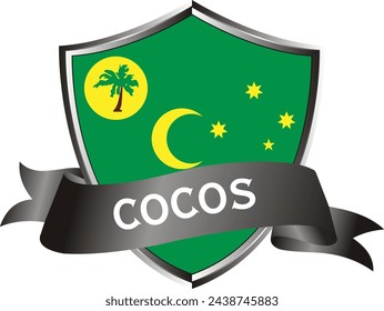 Flag of cocos as around the metal silver shield with cocos flag