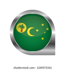 Flag of Cocos Islands, location map pin, pointer flag, button with the reflection of light and shadow, silver frame, Icon country. Realistic vector illustration on white background.