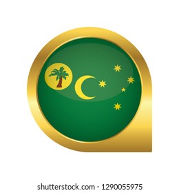Flag of Cocos Islands, location map pin, pointer flag, button with the reflection of light and shadow, gold frame, Icon country. Realistic vector illustration on white background.