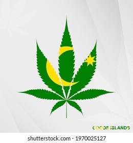 Flag of Cocos Islands in Marijuana leaf shape. The concept of legalization Cannabis in Cocos Islands. Medical cannabis illustration.